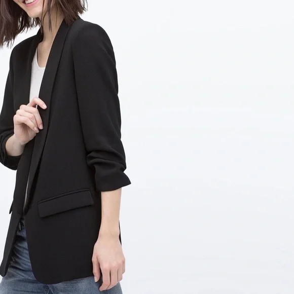Zara Black Longline Ruched Sleeve Blazer Size XS - Picture 10 of 11